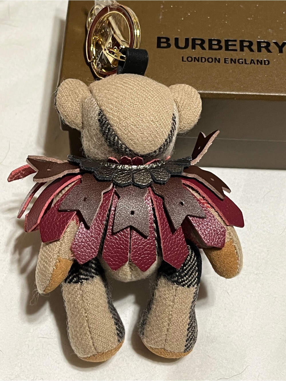 Burberry Burgundy, Tan and Black Plush Bear Bag Charm with Gold Hardware - Picture 5 of 5